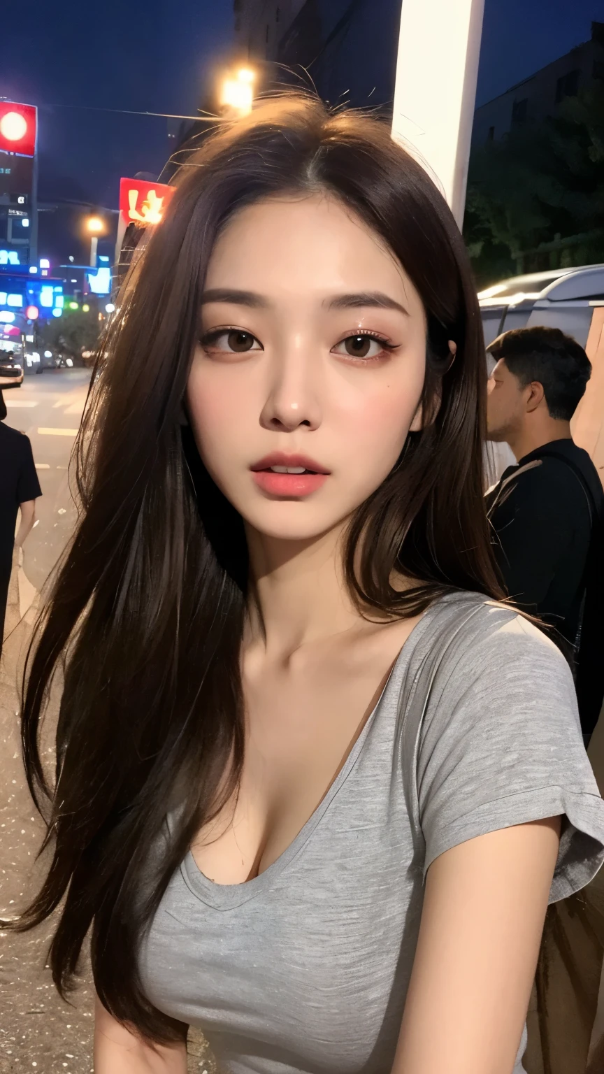 ((best qualtiy, 8K, tmasterpiece:1.3)), Sharp:1.2, perfect figure beautiful woman:1.4, Slim abs:1.2, ((Layered Hair Style, huge tit:1.3,cleavage:1.2)), (A long shirt with transparent wet black buttons:1.1),(Sateen,the street:1.2),Highly detailed facial and skin texture,A detailed eye,二重まぶた,Look sideways at the camera