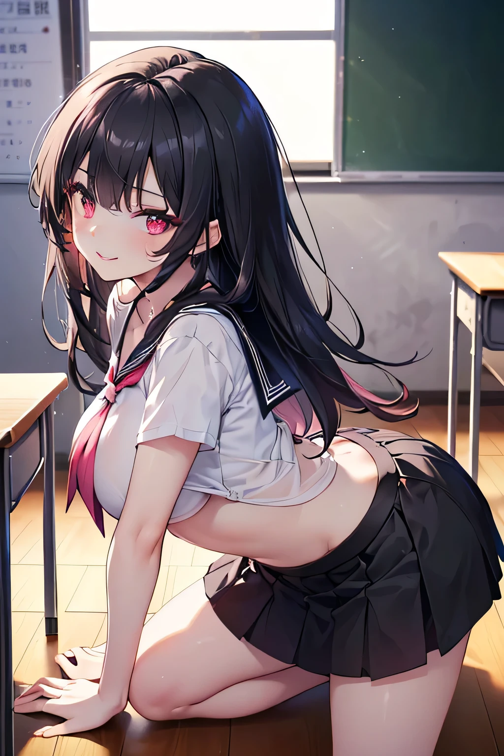 Elementary school girl, , flat chest, black hair, long hair, purple eyes, embarrassed expression(one person) Upper body plain white T-shirt Black mini skirt and white panties((I can see her panties))White socks Girl's Room Dynamic angle Low angle