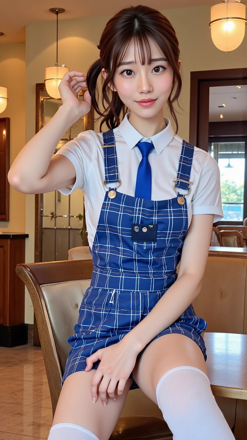 Highest quality、masterpiece、、Very detailed、Realistic、(Young face:1.4)、(Looks like an elementary school ???:1.4)、(Two Girls)、(Looking at me with a mischievous smile)、whole body、Small face、Narrow shoulders、(Very small breasts:1.3)、Thin and beautiful legs、Tight and slim waist、(Waitress uniform with buttons and collar:1.2)、(Light blue plaid mini skirt:1.1)、Short Hair、(Erect nipples:1.1)、apron、restaurant、(Leaning forward:1.3)