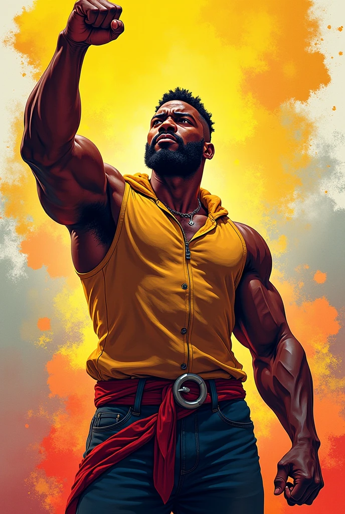 dium of digital illustration. The scene is set in a dark, cloudy sky with dramatic lighting. The colors are vivid and intense, with a mix of deep blues, purples, and electric yellows. The lighting is focused on the main character, creating a strong contrast between light and shadow.
The muscular black man has a powerful physique, with sculpted muscles and a defined physique. His arms are particularly prominent, with large biceps and a well-defined brachioradialis muscle. The veins on his arms are visible, emphasizing the strength and power of his muscles.
His face is determined and intense, with a focused expression. His eyes are sharp and piercing, reflecting the energy and power he possesses. His lips are slightly parted, as if he is channeling the energy around him.
As the lightning bolt strikes his hand, there is a burst of energy and light. The electricity courses through his body, illuminating his silhouette and casting shadows on the surrounding clouds. The lightning bolt is vibrant and dynamic, with jagged lines and a brilliant, electric glow.
The overall style of the artwork is realistic and detailed, with precise brushstrokes and intricate details. The illustration has a sense of depth and dimension, with the clouds creating a textured background. The lines are clean and crisp, giving the artwork a polished and refined look.
The composition of the artwork is centered around the muscular black man, with his raised hands and the lightning bolt drawing the viewer's attention. The clouds and dramatic lighting add a sense of movement and energy to the scene, enhancing the dynamic nature of the artwork.
The color palette is dominated by rich blues and purples, giving the scene a dark and mysterious atmosphere. The electric yellows of the lightning bolt provide a striking contrast, adding a vibrant and energetic element to the artwork.
Overall, the artwork depicts a powerful and intense moment, capturing the strength and energy of the muscular black man as he channels the power of the lightning bolt. It is a visually stunning piece that combines realism with a touch of fantasy. The detailed illustration and dramatic lighting create a captivating and dynamic image.