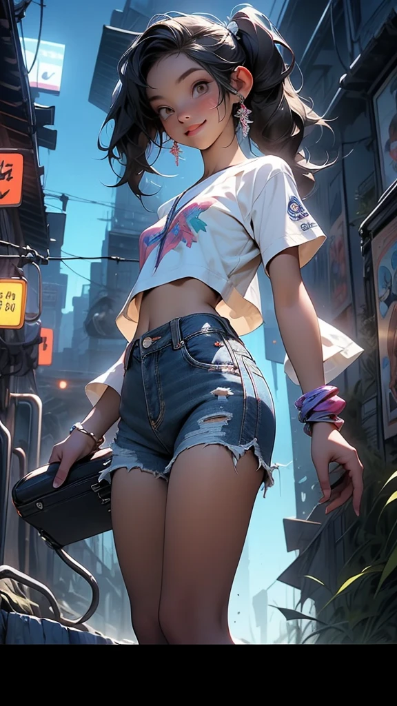 Masterpiece, highest quality, 4k, ultra detailed, beautiful korean woman, pale skin, black hair, hair tied in twin buns, slim thick body, crop top shirt, choker, short shorts, fishnet leggings, knee high socks, goth girl, city background