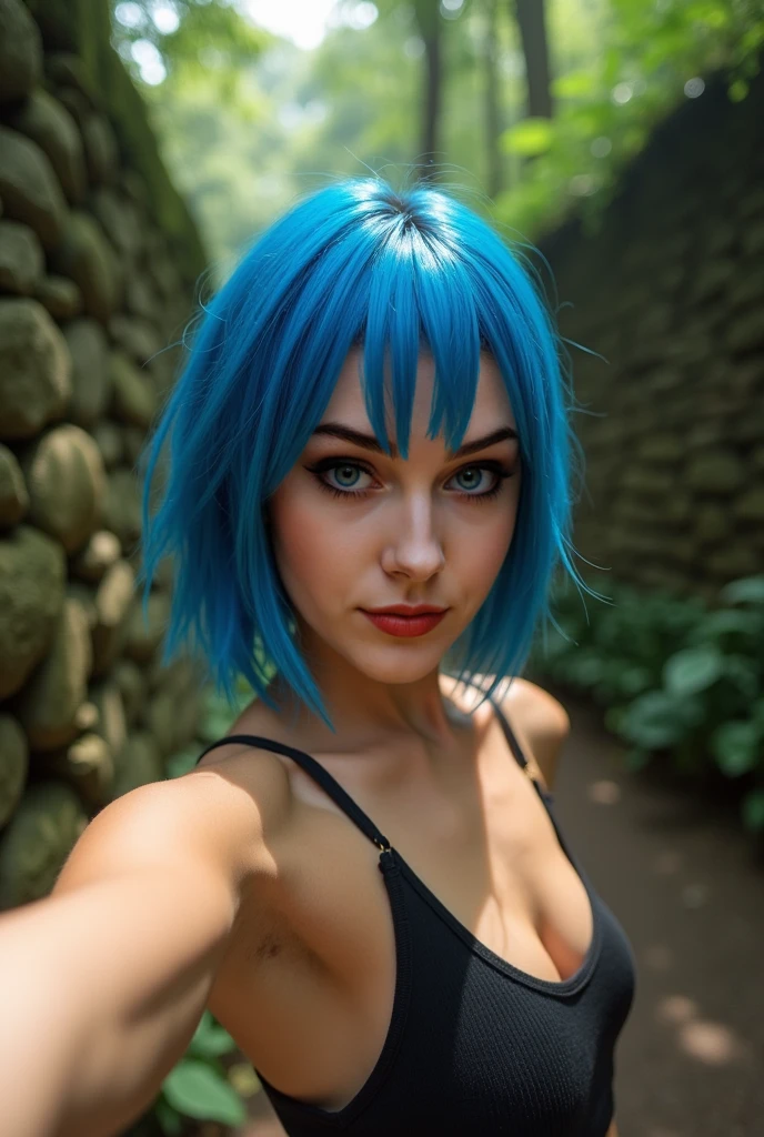 (complex parts: little Emma Watson "(character in realistic human style, woman has big Blue eyes and blue hair, solo 1 girl 18 years old, Naked, naked torso, blue hair, Cute, symmetrical face, covered nipples, firm breasts, ((slim build)), Young woman, beak made of pockmarked cat ears, white very short and thin crop top, (black short), I'm looking at the viewer, panties, painшая грудь, Blue eyes, short hair, armor, very sexy)" flirts with the camera, vulgar, pain, scream, wet