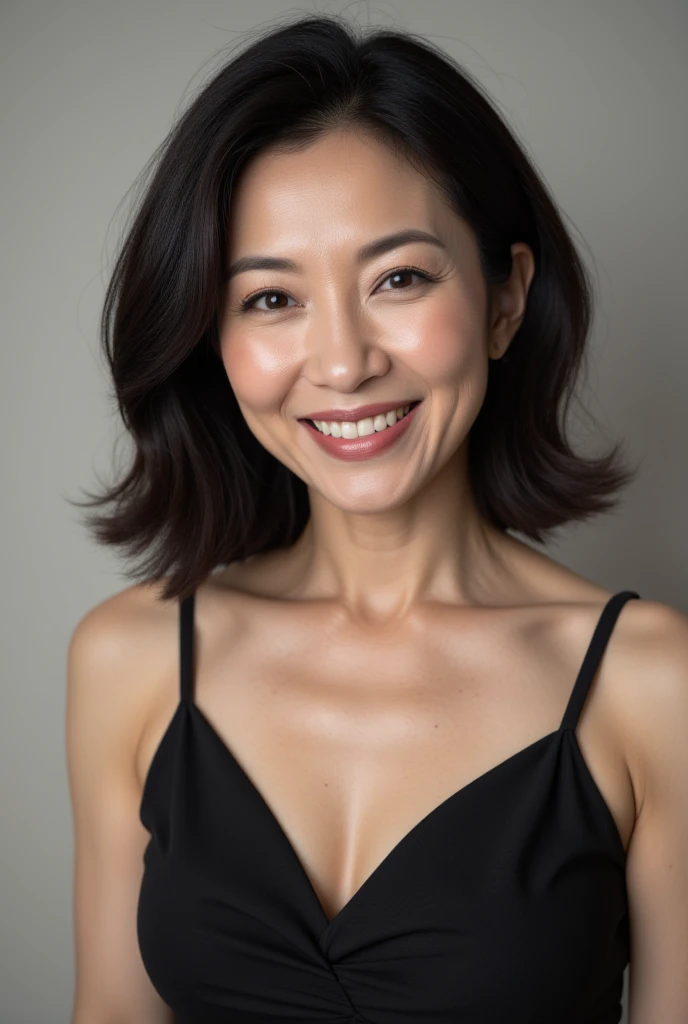 (Best Quality,4K,超A high resolution:1.2),(Mature Japan women, granny, Black hair,Glasses),(Big smile),(45-year-old woman),(wrinkled),(body  wrinkles),(acnes, Fine wrinkles, Detailed skin texture),(Huge breasts:1.4),(massive hips),(Purple swimsuit),(hands behind the back)
