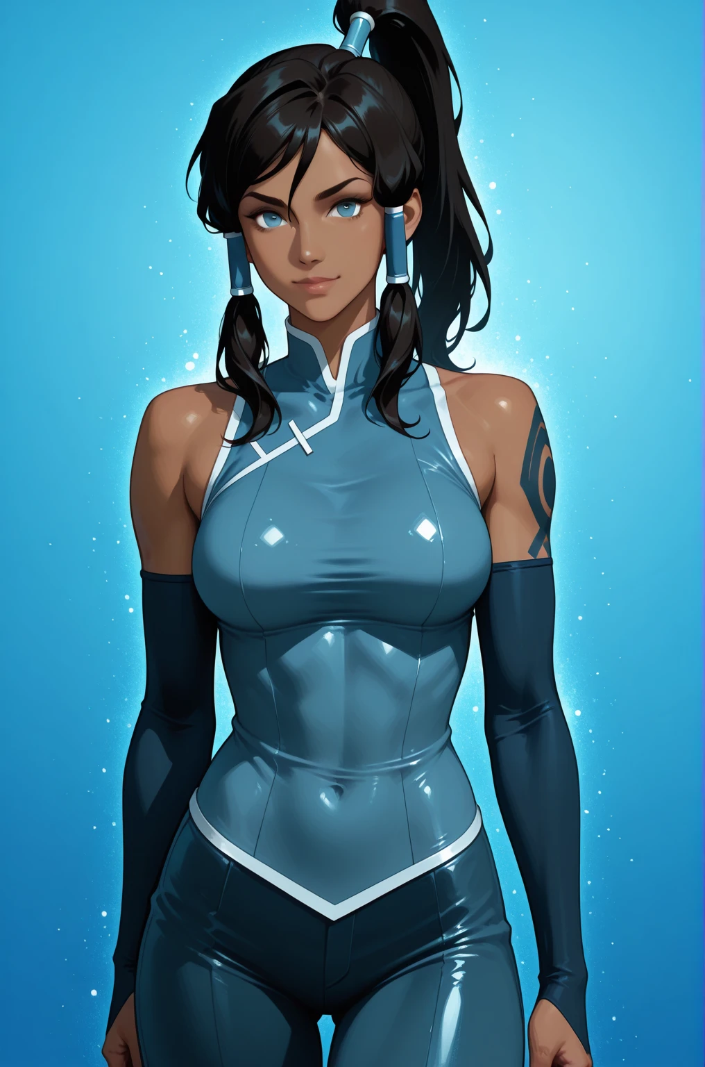 score_9, score_7_up, 1girl, solo, (korra):0.7, dress, cleavage, portrait, looking to the side, dark skin, gradient background