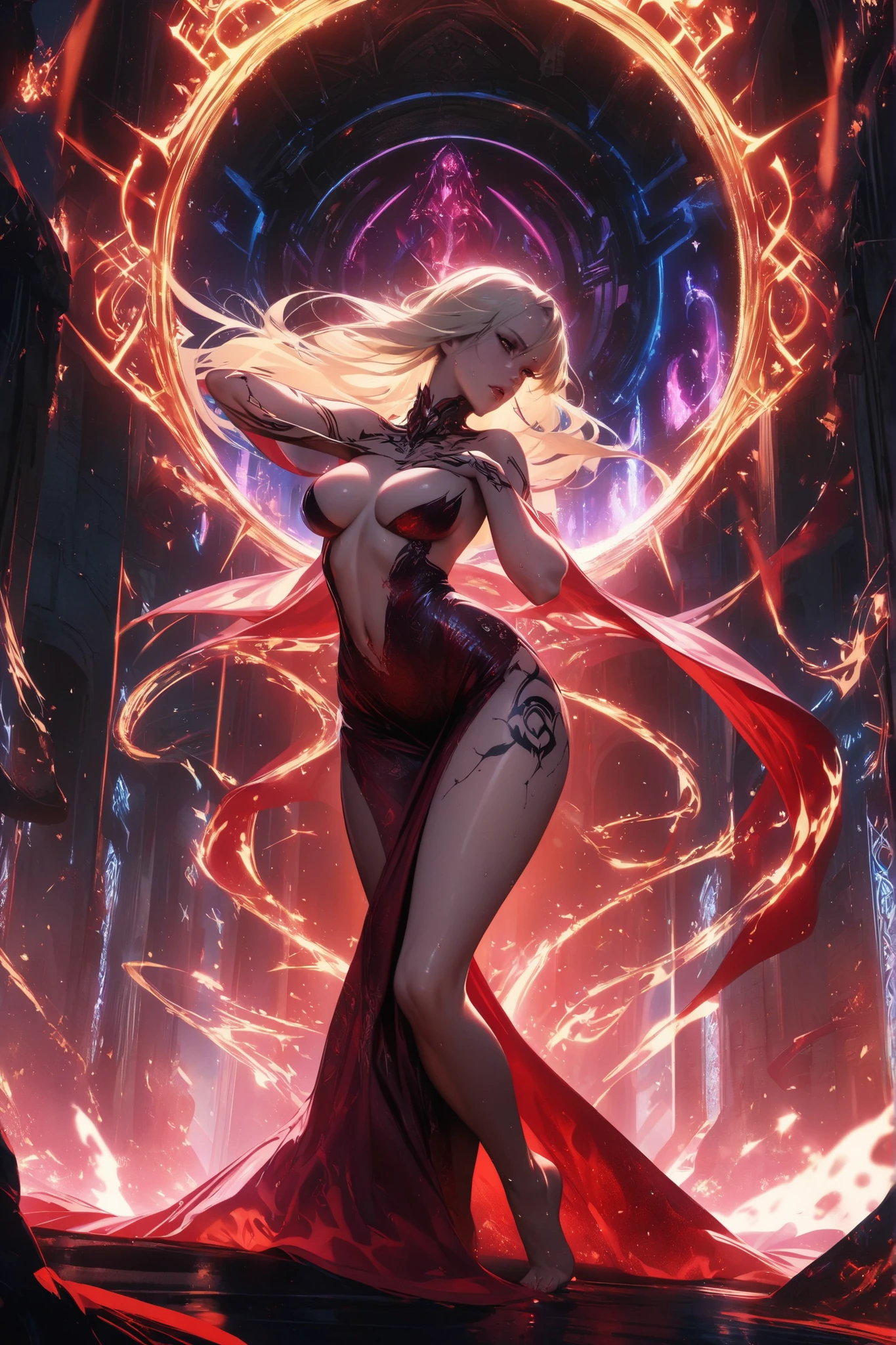 (masterpiece, extremely detailed, best quality, absurdres, anime style:1.4) nice hands, perfect hands, 1girl, solo, mature, milf, sexy, (huge tits:1.3) <lora:more_details:1> CloudOfDarkness casting dark magic <lora:CloudOfDarknessV1.3:lbw=inall:step=5-25>, red cape, red claw, yellow_tentacle_monster, bodypaint,forehead mark, elbow glove, grey hair, red eyes, action scene, dynamic pose, (flying, whole body, full body, floating in the center:1.3), dark energy, magic circle, star \(sky\), (galaxy, cosmic, space, swirling glowing magic:1.4), <lora:Susanoo:lbw=outall:step=5-25> ((1girl inside glowing magic galaxy)), aura surrounding, glow