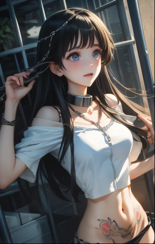 （（（ＳＦＷ、Highest quality、 first class masterpiece 、 normal body 、32k、  detailed face 、super precise、  normal hand、５refer to、Highest）））、Tsuzaki Aoba、aoba-tsuzaki、『JINKI』、Beautiful Girl、black hair、long hair、beautiful breasts、slender、 slim、Petite、 can be used、Tattered, ultra-thin, see-through tight bodysuit、Front zipper、Zip Open 、 clear body line、 Navel Exposure 、defeat、 Capture、handcuffs、Chain lead iron collar、restraint、prison、prison、The Fall of Slaves、slave stamp on lower abdomen、Heart tattoo on navel、Photorealistic Womb Tattoos、Embarrassed, blushing, slightly crying, watery eyes、Tears of regret、pull the chain lead on the collar around、 outside of town 、Pull the chain lead on the collar and force them to take them away、stroll、 cross your hands behind your back