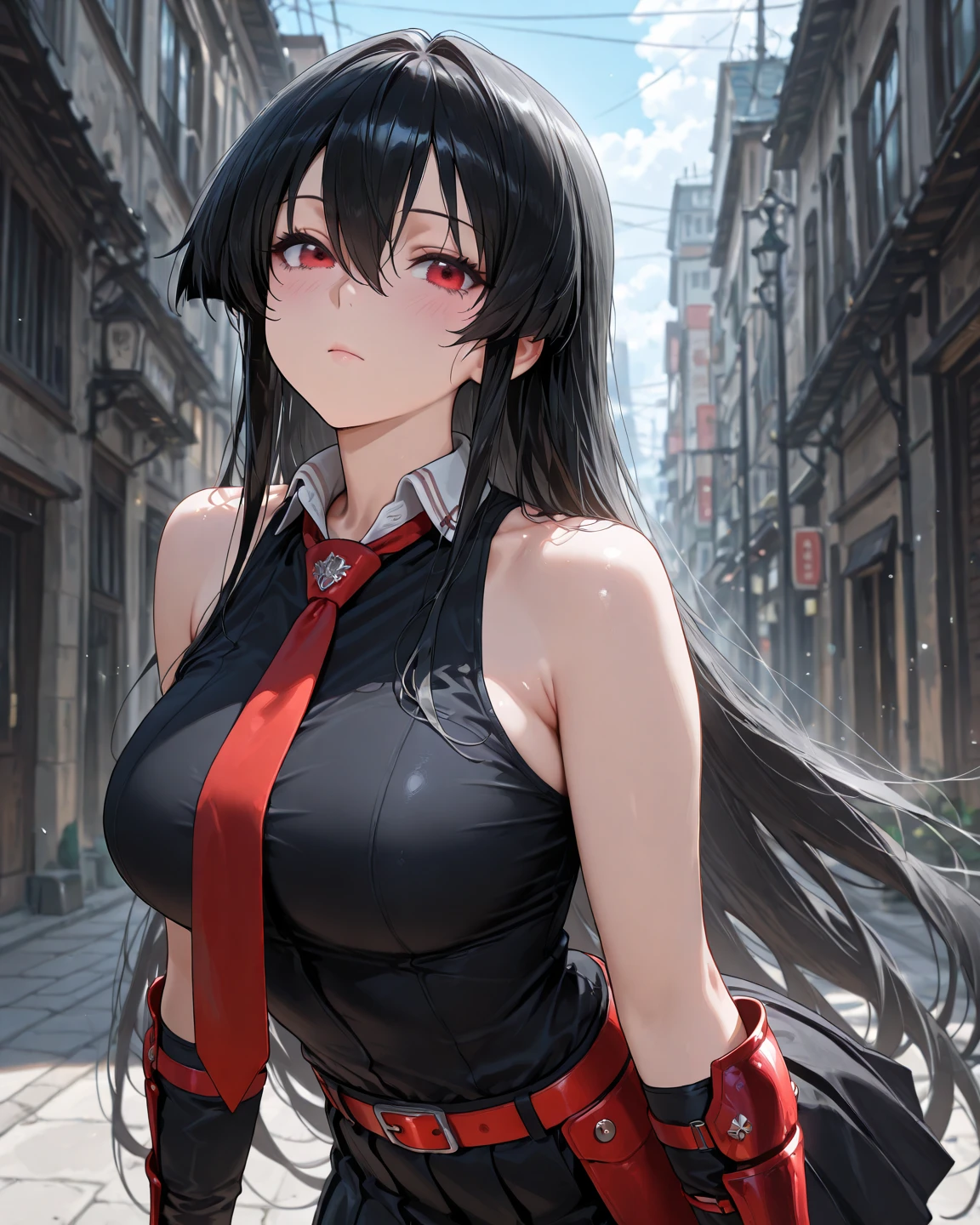 professional artwork, Intricate Details, field of view, sharp focus, detailed painting, photorealistic lighting, trending on pixiv, Standing at attention, black outfit ,yellow collared shirt,black and red bodysuit,skin_tight,black legwear, black pantyhose, Side_boob, black hair,very long hair, Bangs,yellow eyes,makeup, lipstick, 20yo,mature female,Beautiful Finger,Beautiful long legs,Beautiful body,Beautiful Nose,Beautiful character design, perfect eyes, perfect face, looking at viewer,official art,extremely detailed CG unreal engine 8k wallpaper, perfect lighting,Colorful, Bright_Front_face_Lighting, (masterpiece:1.0),(best_quality:1.0), ultra high res,4K,ultra-detailed, photography, 8K, HDR, highres, absurdres:1.2, Kodak portra 400, film grain, blurry background, (Beautiful,large_Breasts:1.4), (beautiful_face:1.5),(narrow_waist), (solo:1.4), ((landscape dimension)), rich detailed makeup, rich detailed eyeshadow, rich detailed lips, rich detailed lipstick