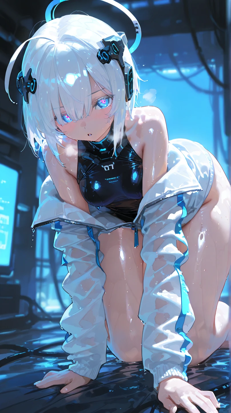 High resolution, Highest quality, super high quality, Ultra-detailed, Cinematic lighting、(Open your thighs:1.5)、(squat:1.5)、woman 、(A swimsuit with thin and transparent fabric:1.5)、Bobcut、White Hair、Blue eyes、Beautiful Skin、Beautiful Face、Embarrassing、Beautiful Eyes、Sweaty、Sweat、Butt、完璧なButt、