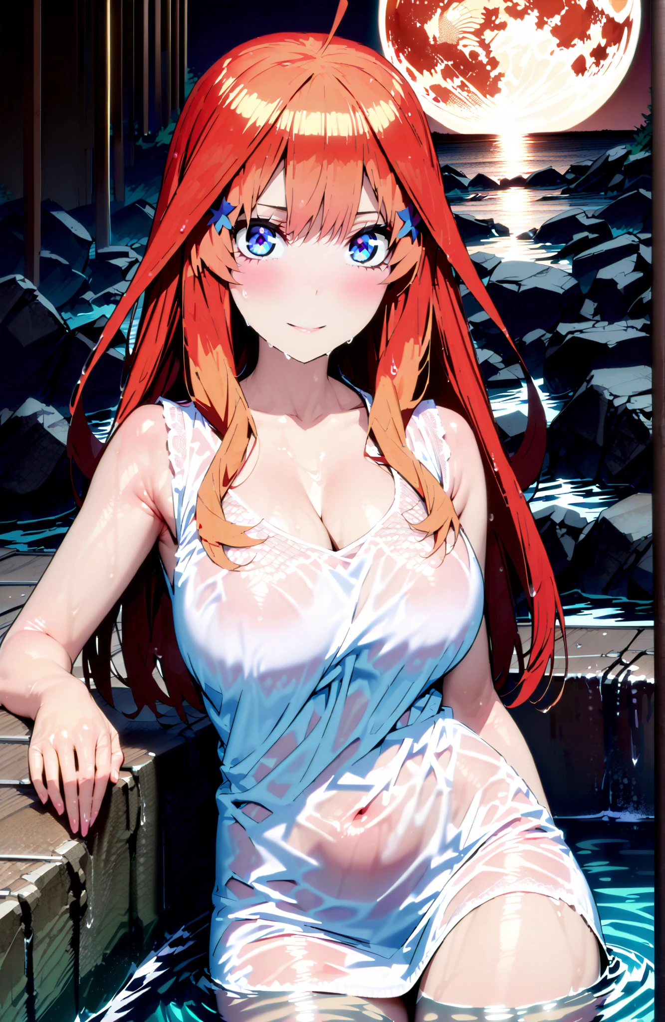 (masterpiece, best quality), ((1girl, solo, long hair)), Ishmael_limbus, innocence expression, bare arms, bare shoulders, bare neck, watercolor, sundress, liquid clothes, water, waves, water dress, blue_theme, night, mist, dark, sharp focus, sea, see-through dress, orange hair, (nsfw:1.5)