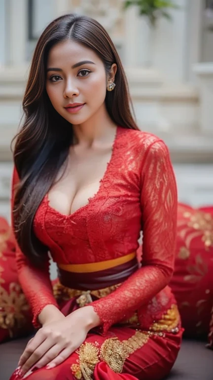 masterpiece, malaysian girl, indonesian girl ,ultra realistic,32k,intricate details, sharp focus, realistic, closed, seductive pose, black eyes, jewelr, lips, realistic, looking_at_viewer, wet skin, shiny skin, SHORT SLEVES, indonesian clothes, bali, balinese, cityscape, transparent standing pose,(( red kebaya)),perfect breast, big breast, full body,busty body,curvy body,long hair,beauty face,cowboy shot,
