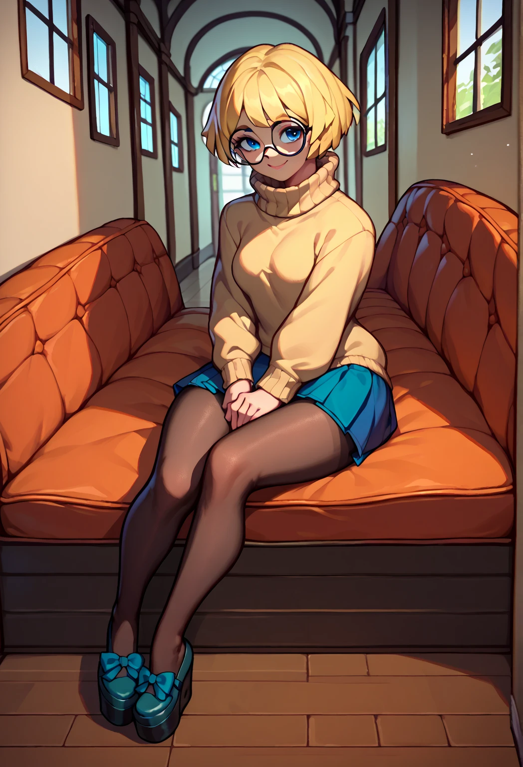 score_9, score_8_up, score_7_up, score_6_up, score_5_up, score_4_up, BREAK, 1boy, solo, necoarc, lit pupils, cat ears, blonde hair, red eyes, :3, turtleneck, blue skirt, pleated skirt, pantyhose, brown footwear, highlight thighs, thick thighs, looking at the viewer, sitting in a chair, in the living room, with a phone in hand