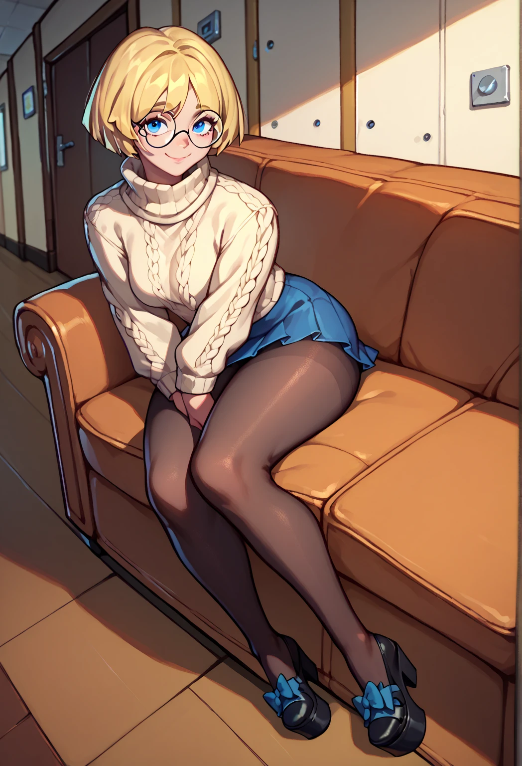 score_9, score_8_up, score_7_up, score_6_up, score_5_up, score_4_up, BREAK, 1boy, solo, necoarc, lit pupils, cat ears, blonde hair, red eyes, :3, turtleneck, blue skirt, pleated skirt, pantyhose, brown footwear, highlight thighs, thick thighs, looking at the viewer, sitting in a chair, in the living room, with a phone in hand
