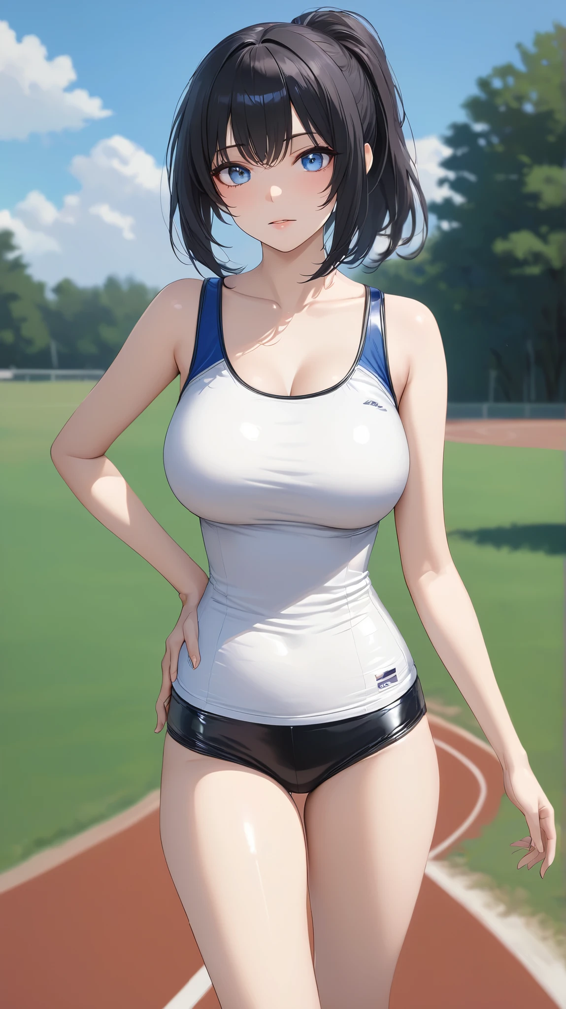 Masterpiece, Score_9, score_8_up, 8k, ultra-detailed, Ultra-high resolution, high-quality, 1 girl, bangs, asian, korean short haircut, cute, medium breasts, fit body, perfect anatomy human, crop top, breasts out, sleepy, sleepy eyes, mini pants, sexy, standing up