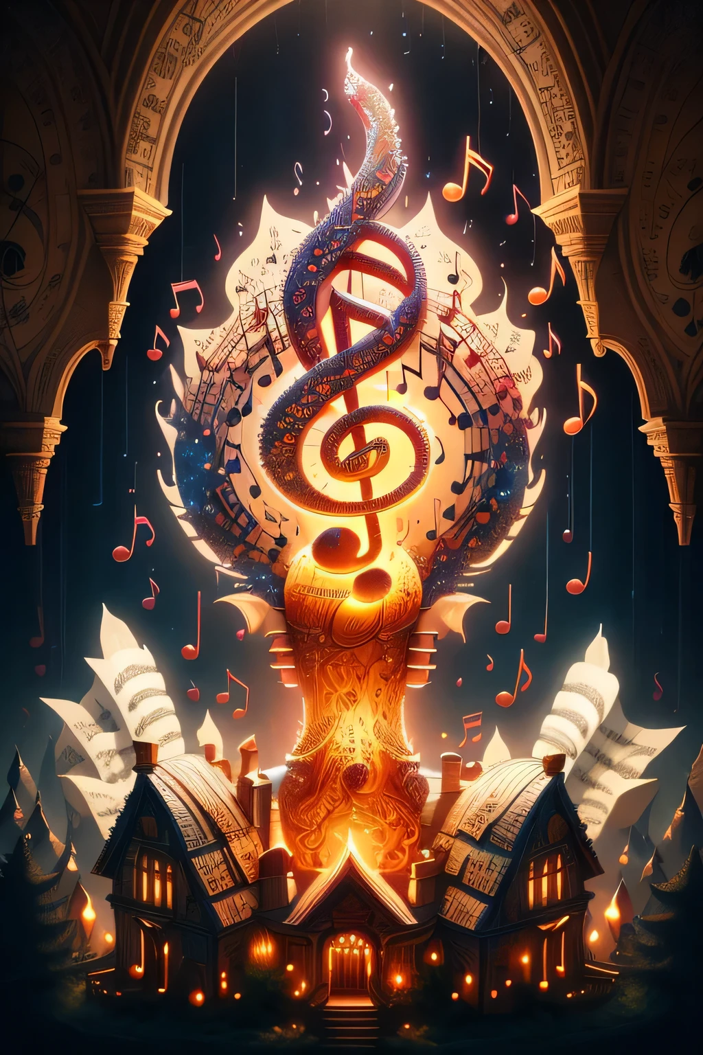 fantasy town, musical architecture with glowing treble clefs and eighth notes, magical atmosphere, cinematic lighting, ultra detailed, vivid colors, masterpiece, best quality