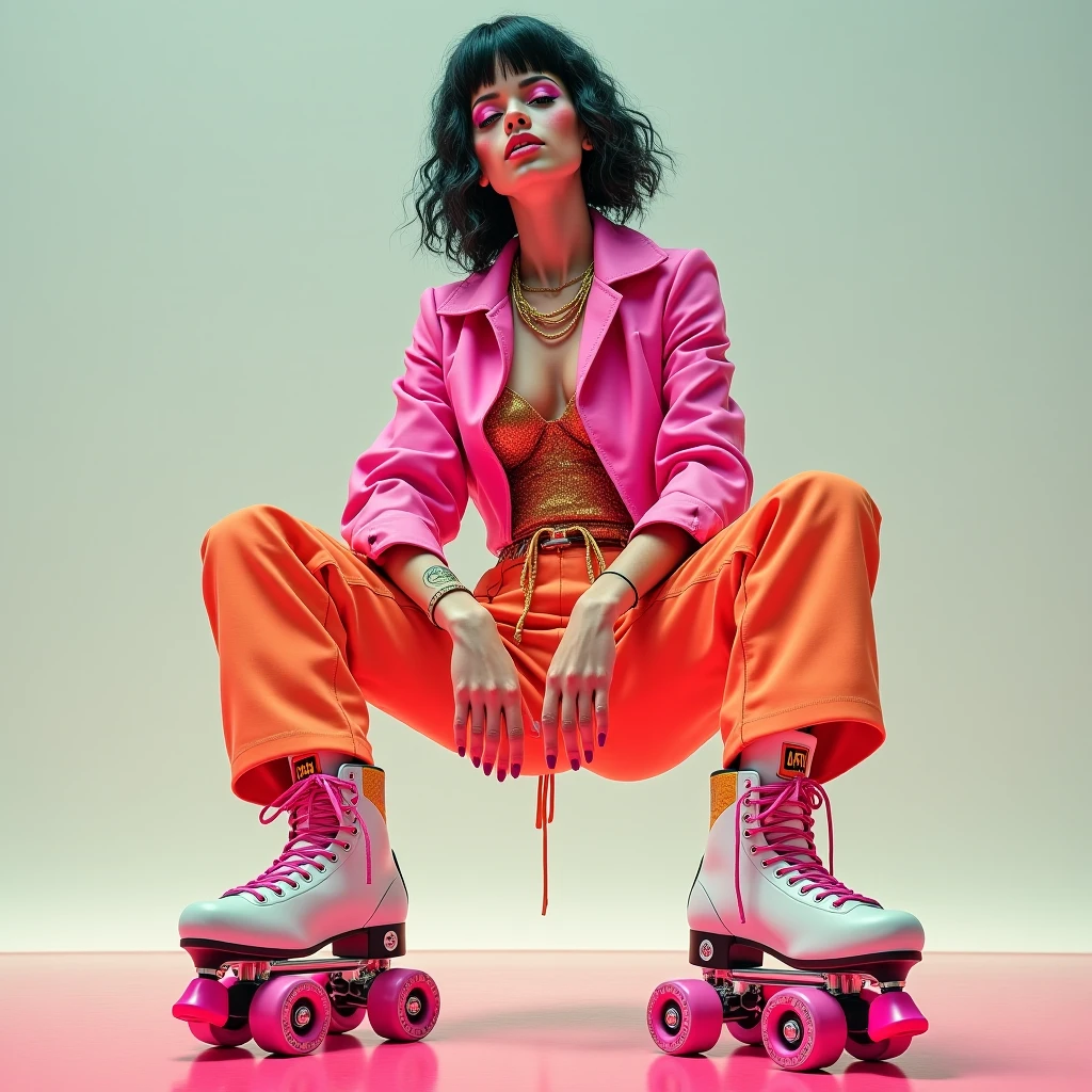 short black hair, with slightly messy bangs.  Dark, penetrating brown eyes.  Thin and marked build.  She wears torn black shorts, blue tennis shoes, and a pink navel blouse with straps. He has an axe in his right hand and a backpack on his back. Busty. 