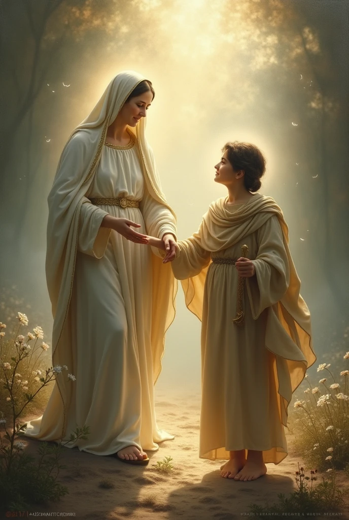 a blonde, curly, lowrise, at 14 years old, embracing Saint Rita of Cassia