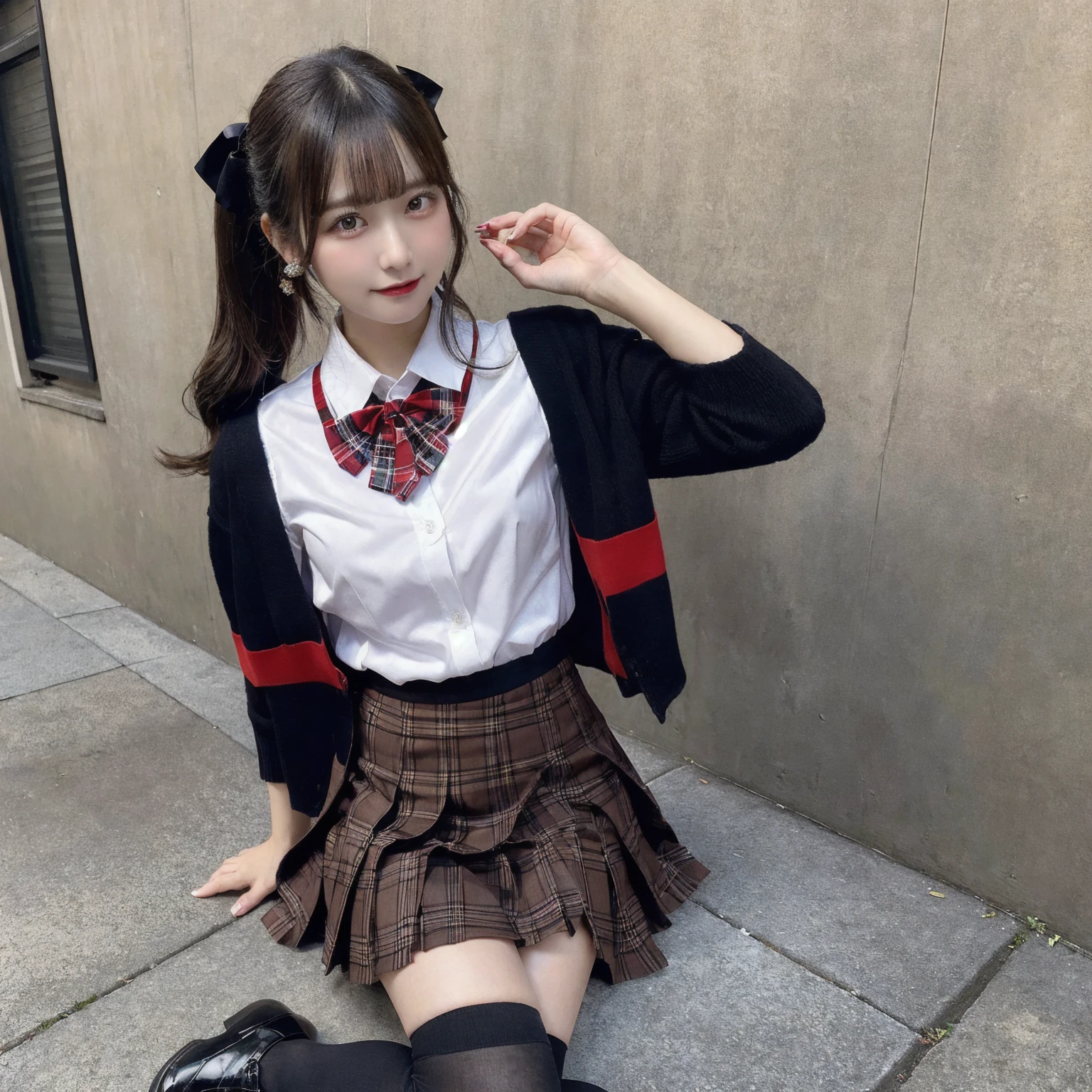 An 18-year-old high school girl wearing a super miniskirt uniform with a red and black plaid pattern and a white dress shirt..(black hair)