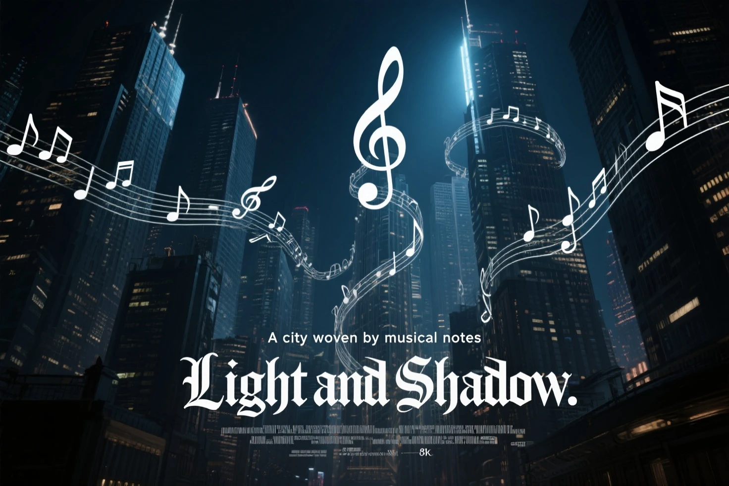 ((masterpiece, highest quality, Highest image quality, High resolution, photorealistic, Raw photo, Extremely detailed CG unified 8k wallpaper)),
A poster for a film about “light and shadow.”
"A city woven by musical notes",
Musical notes build skyscrapers, melodies flow through the city, and a dream city built with music,
Film lighting, big city night scene, backlit, high contrast, dramatic composition, dynamic angles,
Poster title is “Light and Shadow”, gothic font, white letters,