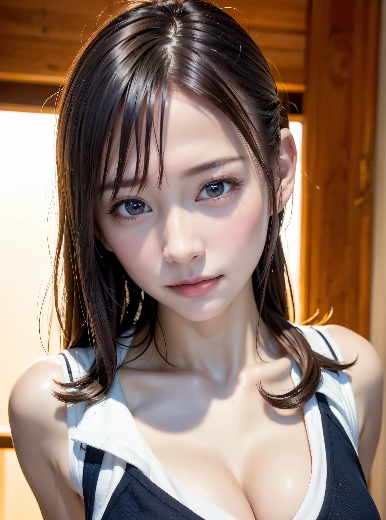 Highest quality, Realistic, Perfect Human Anatomy, Very detailed, Very delicate and beautiful, Raw photo, Professional Lighting, Illumination, Depth of written boundary, Single focus, whole body, Skinny Japanese woman, 30-year-old woman, Brown Hair, Small Head, Beautiful Eyes, True Face, Realistic skin, Fine grain, Black lace bra, Black lace panties,long hair