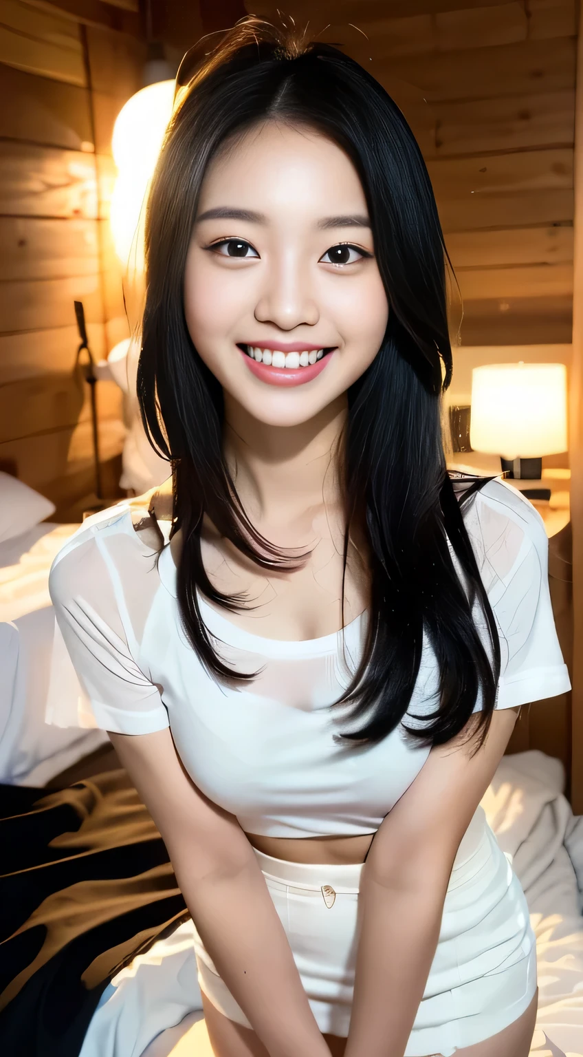 {{One high school girl：18 years old：(big double eyelids)：(mascara}], {see through - white underwear}、 {{{white tight mini skirt:2}}}、 bed、{smile、Short sleeve、 {high resolution}、 {Korean idol's face } 、{{{big double eyelids}、{White teeth}、   { {{{medium hair(black)medium hair}}} 、 {standing}