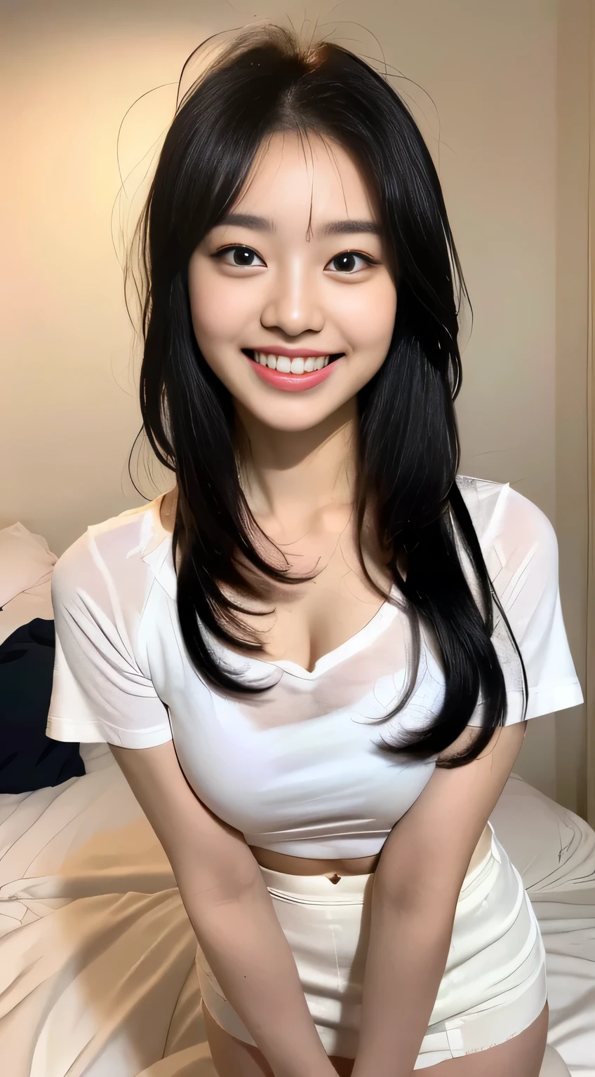 {{One high school girl：18 years old：(big double eyelids)：(mascara}], {see through - white underwear}、 {{{white tight mini skirt:2}}}、 bed、{smile、Short sleeve、 {high resolution}、 {Korean idol's face } 、{{{big double eyelids}、{White teeth}、   { {{{medium hair(black)medium hair}}} 、 {standing}