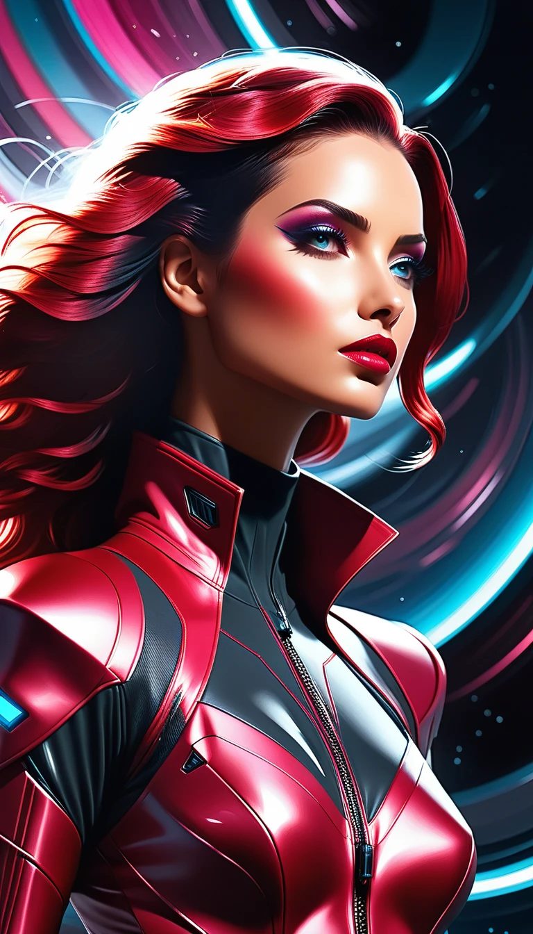 retrato neon de uma mulher ruiva com o uniforme do Deadpool da Marvel, no mask on, pintura fotorrealista, intrincado, 8K, muito detalhado, Three-dimensional lighting, pintura digital, Sharp and intense focus, obras de Artgerm E. Rutkowski e Alphonse Mucha, CGsociety