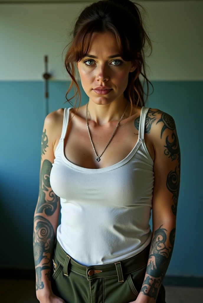 The badass Westland warrior, tavern ,mature woman, strong body, (blue eyes), dark red hair,, battle scar's, gloomy weather, dark fantasy, dark atmosphere,tattoos,(massive perfect snoopy breast:1.0), massive perfect breast,,(muscular body:0.5), undercut hairstyles,,shot hair, (naked breast), (realistic skin texture:1.2),4k, (cinematic photography:1.0),,(head and breast closeup)