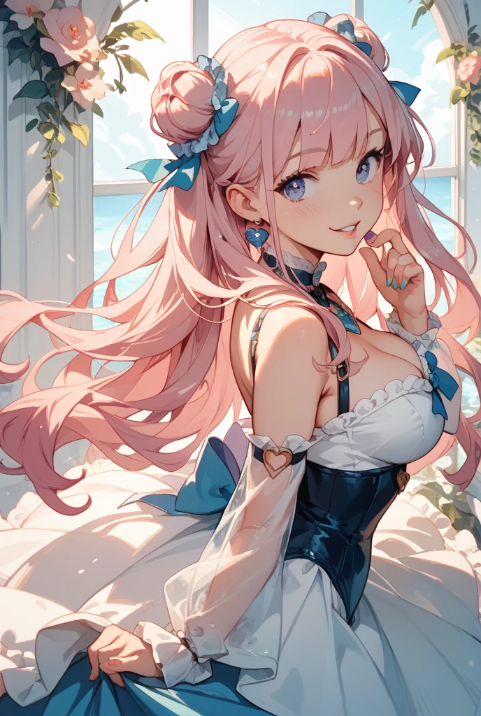 (blue eyes:1.2), (small breast:1.2), hair ornament, looking at viewer, (cowboy shot:1.5), idol girl, delicate and beautiful face, intricate details, super cute girl, in a beautiful garden with super beautiful flowers, delicate and beautiful face, mature girl, idol girl, super beautiful asian girl with super beautiful glowing eyes, super beautiful glowing multicolored hair, super cute hairstyle,Best quality, pink hair, large breasts, cleavage, navel, t-shirt, ((bra)),clothes lift, skirt, lying, full Body, perfect body ,sitting, armpit