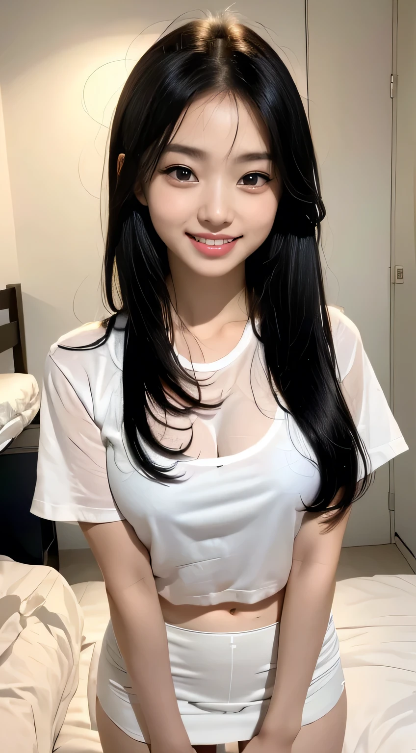 {{One high school girl：18 years old：(big double eyelids)：(mascara}], {see through - white underwear}、 {{{white tight mini skirt:2}}}、 bed、{smile、Short sleeve、 {high resolution}、 {Korean idol's face } 、{{{big double eyelids}、{White teeth}、   { {{{medium hair(black)medium hair}}} 、 {standing}