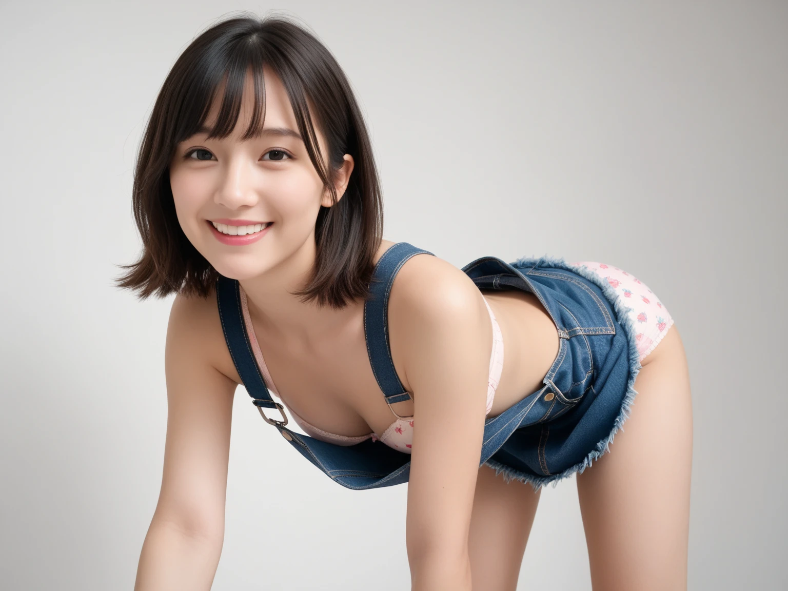 (scissors:1.5,hand up:1.5),(Wearing a light-colored shirt:1.2),A hair salon with chairs lined up,(The skin is wet from sweat:1.3),beautician,looking at the camera,Cleavage,smile,skirtリフト、skirtを手で上げる,woman, 20-year-old, Short Hair、bangs、(skirt),(White lace panties)、Cute earrings,Natural lighting