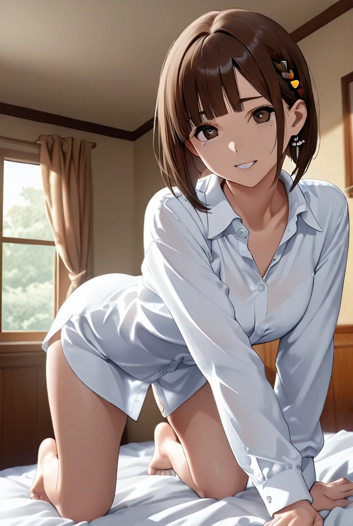 Beautiful Japanese woman. Age 20. Short brown hair. Upper body: white cutter shirt. lower body: white panties Bare feet. She is lying on a long light brown couch that looks like a bed. She has long legs, so she is kneeling so that her feet do not stick out from the sofa. She is smoking a cigarette with her head slightly raised, using the railing of the sofa as a pillow. She is relaxed. The floor is a dark brown board. There is no window. The lighting is a wall-mounted dark indirect light. The shadow of the body is clearly visible. The camera shows the whole body from the feet up.