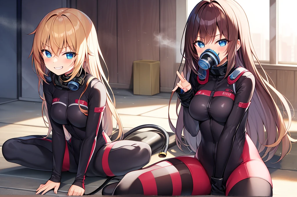 Farts, Fertofuchs, sound effects, fartチューブ, hoses, sitting on face, gas mask, facesitting,smirk smile,in ruin,(2 anime girls),fart,onara,fart,fart,farting,girl  is wearing bodysuits,hip,hosesでお尻と繋がっているgas mask