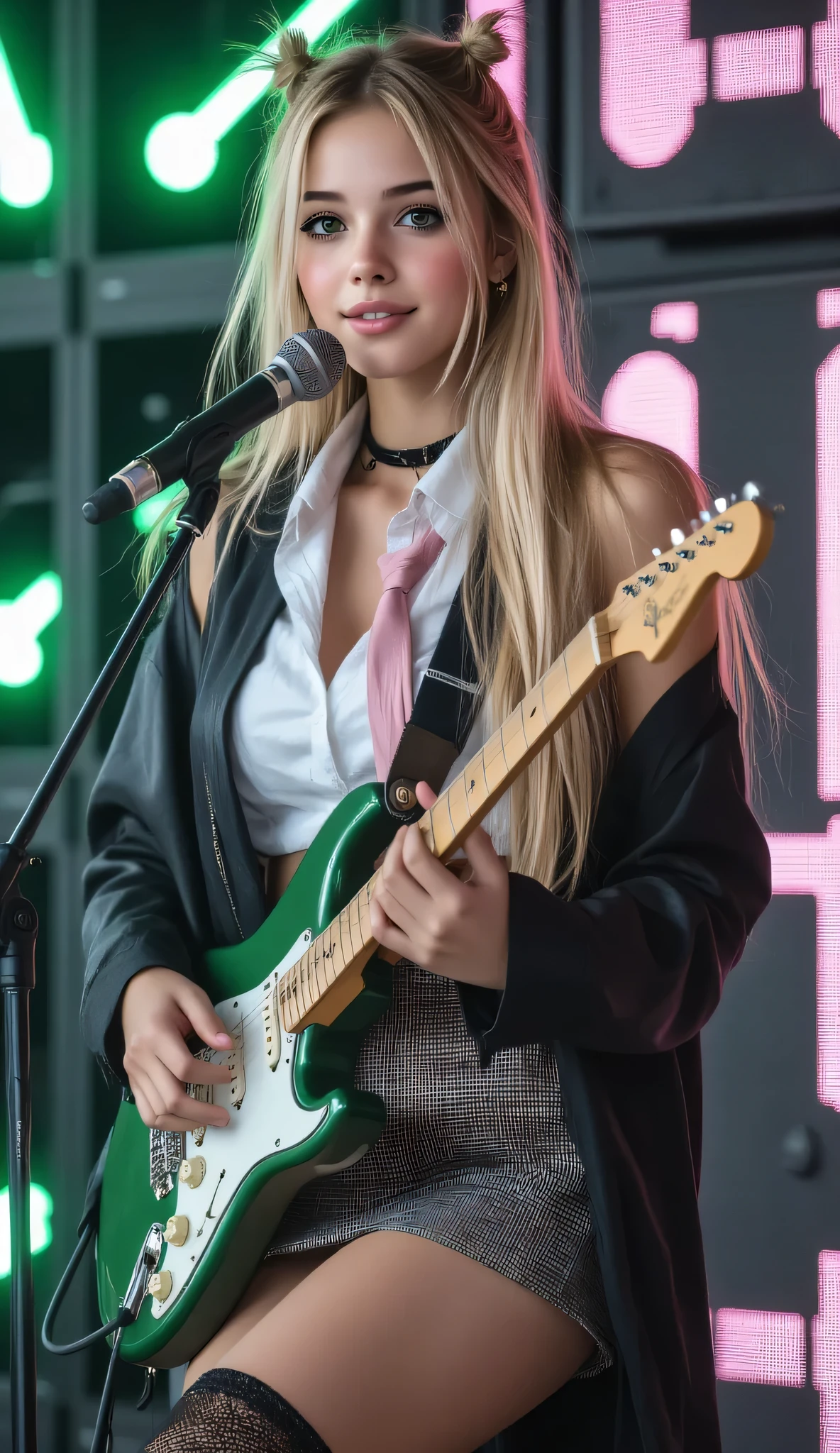 Photorealistic, ultra-detailed, high definition, best quality, dynamic three-quarter view, high angle, 1 woman, solo, fair skin with subtle tan, vivid green eyes, long blonde hair styled in a hime cut with two hair clips, highly detailed and expressive face, ecstatic expression with open mouth, vocal intensity:1.3, slender physique, dynamically posed leaning forward slightly with one leg bent, playing an electric guitar with both hands, passionately singing, looking at viewer, upper thighs visible, wearing a slingshot bikini, extreme micro swimsuit, loose white button-up shirt tied at the waist, pink tie, black choker, black cropped leather jacket, black checked mini skirt, black thigh-high stockings. She wears sleek futuristic earpiece with subtle green LED accents. Background features a massive wall of concert speakers in a futuristic open-air stadium with pink neon lights, emitting vibrant green soundwaves in pulsing patterns, directed outward. Motion blur, dynamic motion lines, sound effect visuals:1.3, breasts naturally emphasized, by [Yoneyama Mai, Quasarcake, Wanke, Mika Pikazo, Lam, Hirokazu Yokohara, Wanoco 4D, Esteo8492, Takayuki Yoshida, Yuuki Morita], hime cut, detailed eyes, unaligned breasts.

