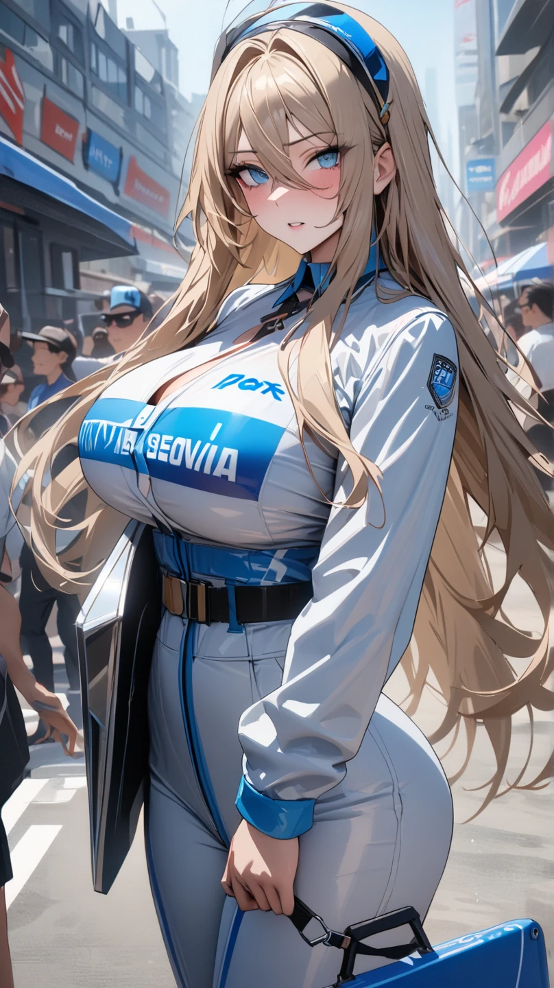 A woman wearing a black and white checkered race queen outfit, white skirt, long black socks, black heels, red eyes, light beige hair, loose hair, wearing a checkered hat, walking in pants on a racetrack, full body, big breasts, smiling, white gloves. illuminated place.illuminated place.,bokeh effect, atmospheric perspective, 8k , super detail, accurate, best quality, award winning, textured skin, high resolution, anatomically correct(solo woman)