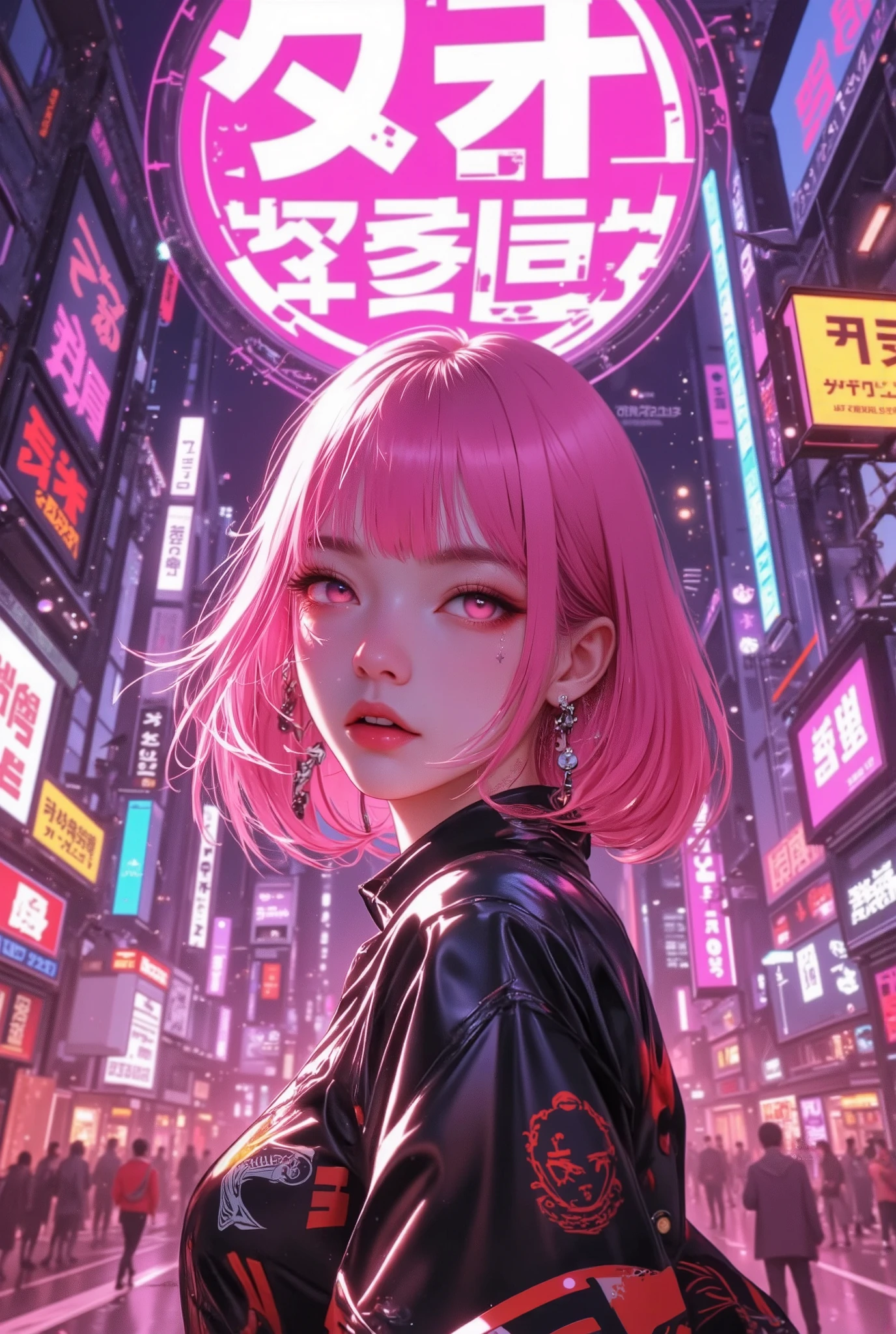Anime girl with pink hair, cyberpunk neon city background, detailed eyes, trending on ArtStation