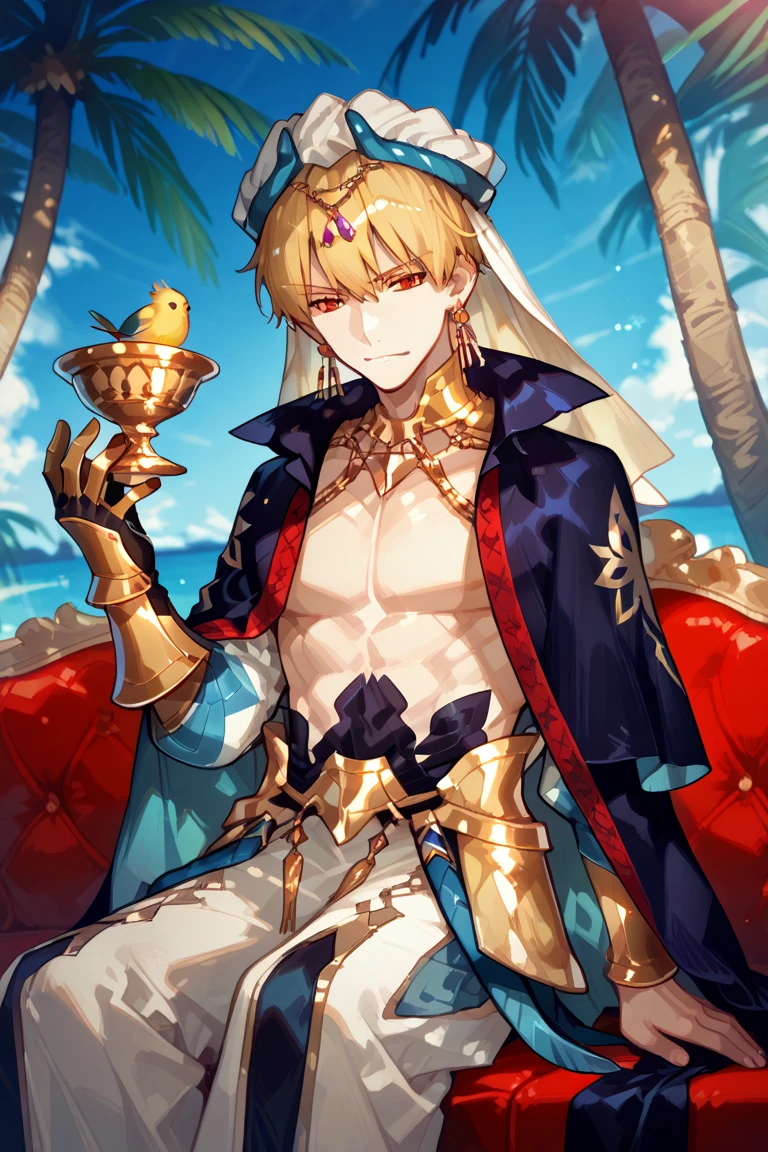 absurdres, highres, ultra detailed, HDR, master piece, best quality, extremely detailed face, delicated features, Gilgamesh (caster), blonde hair, expressive red eyes, Fate Grand Order, solo, sexy man, handsome, adult face, manly man, purple tattoo on the shoulder, toned chest, single golden gauntlet, hand resting on his cheek, golden necklace, turban with blue horns, jelwery, red roses, window, curtains, throne room, fantasy, magical