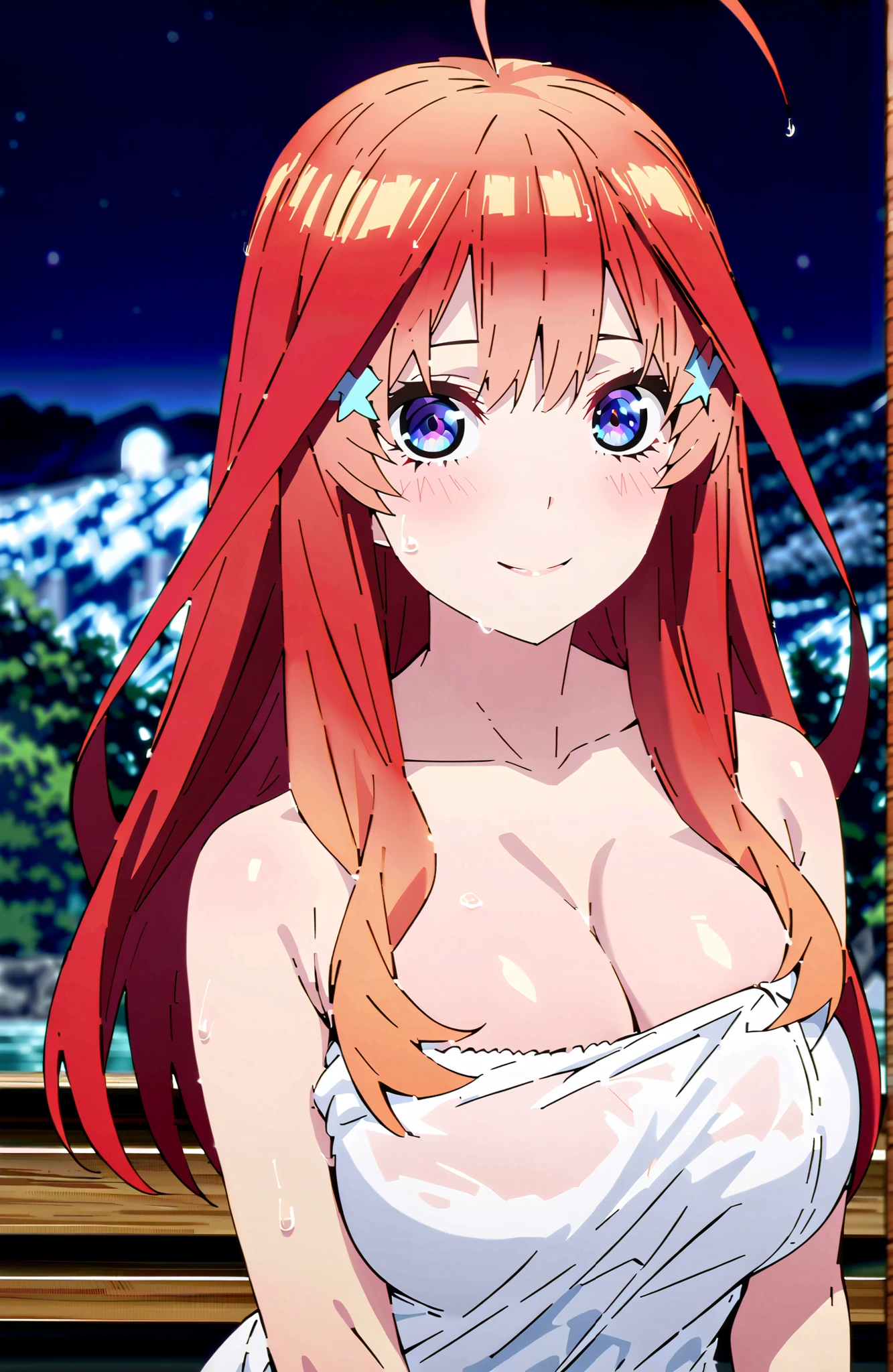anime screenshot, Anime Coloring, 中野美moon,stupid hair, long hair, blue eyes, red hair,Big Breasts,cleavage,partially sunk, naked towel, exposes shoulders,wet hair,wet skin,wet towel,rock,snow,smile,blush,mouth,narrows her eyes,Wave,fence,night,moon,Hot Springsの中に座っている,in their 40s looking at viewer,全身
in their 40s outdoors,Hot Springs,
in their 40s (masterpiece:1.2), best quality, high resolution, Unity 8Kの壁紙, ( illustration :0.8), (beautiful detailed eyes:1.6), very detailed face, perfect lighting, very detailed CG, (perfect hand in h, perfect anatomy),