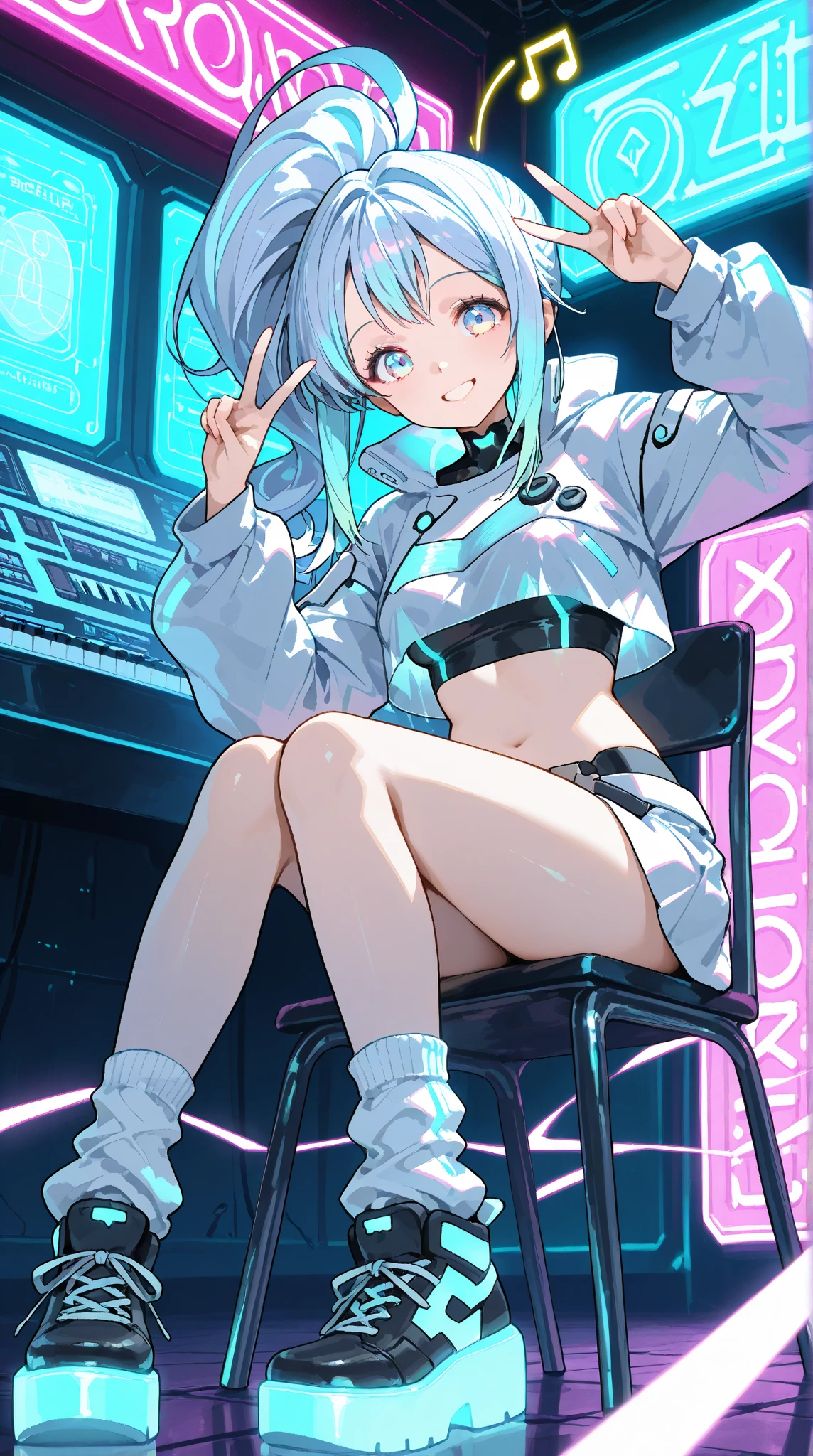 (tomboy woman DJing on turntables on stage at EDM festival:1.3), EDM event lighting effects, on stage in front of crowd, giant futuristic screens in background, neon room, (white cropped jacket:1.1), (vivid glowing blue eyes:1.2), (white hair:1.2), (cyan streaks in hair:1.2), high ponytail, (cocky smirk:1.2), (abs:1.2), rave lights, (lasers in background:1.2), glowing light strips on clothes, slim build, looking at viewer, giant speakers in background, beautiful glossy reflective detailed eyes, (high leg panties:1.2), (white cargo pants:1.3), (thin straps over hip bones:1.3), (hip straps:1.3), (side shave:1.3), (undercut:1.2), defined hip bones, cleavage, lean, headphones, bikini bottom under pants