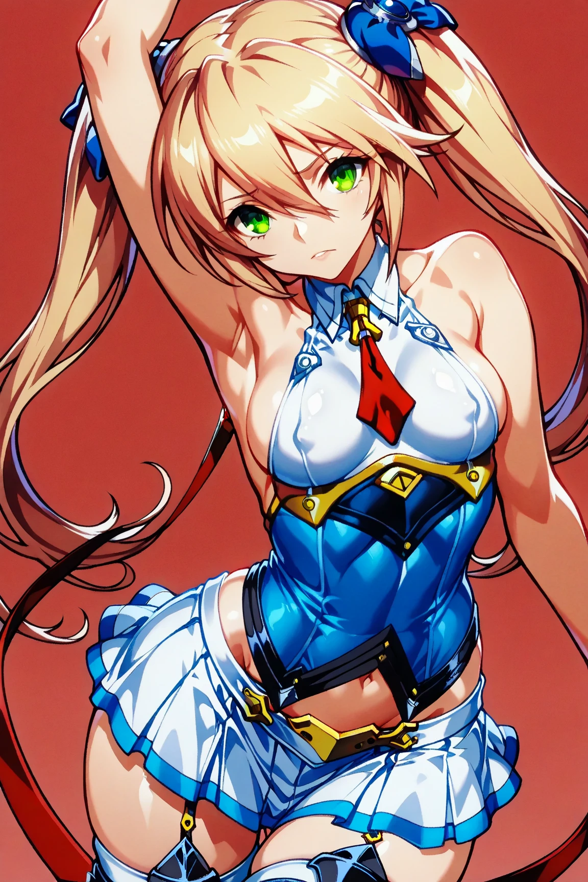 (masterpiece, best quality:1.2), 1 Girl, Solitary, blond, Blue hair band, 左边是Blue hair band, White bra, Black gloves, knight skirt, Smile, Solid color background