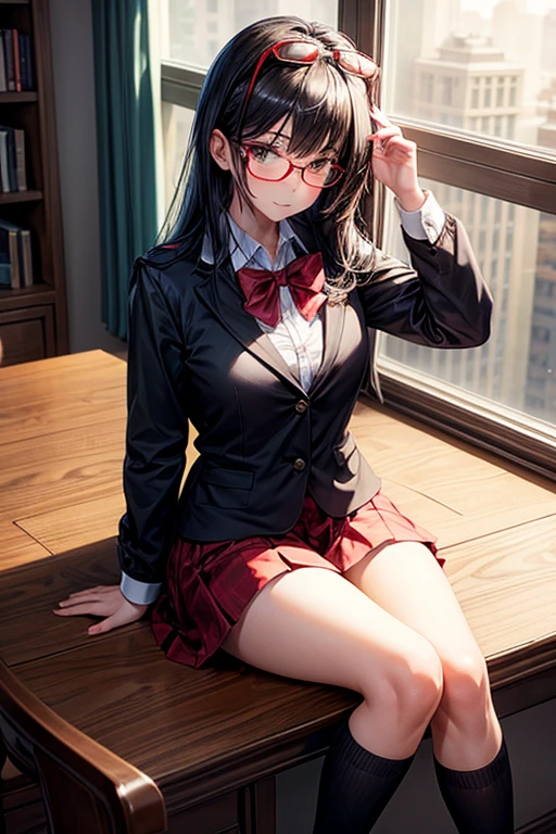 (Tabletop:1.0), (highest quality:1.4), (High resolution:1.2), From the side,Sharp contours, boyish, highest quality, masterpiece,Glasses,Voice of the Heart,20-year-old woman,yandere,Big Breasts,Chest to chest,Lying face down,Ecstasy,saliva,blush,Squint your eyes,Heterochromia iridis,Tuck up your clothes,lure,under shot,skirt lift,zettai ryouiki,open clothes