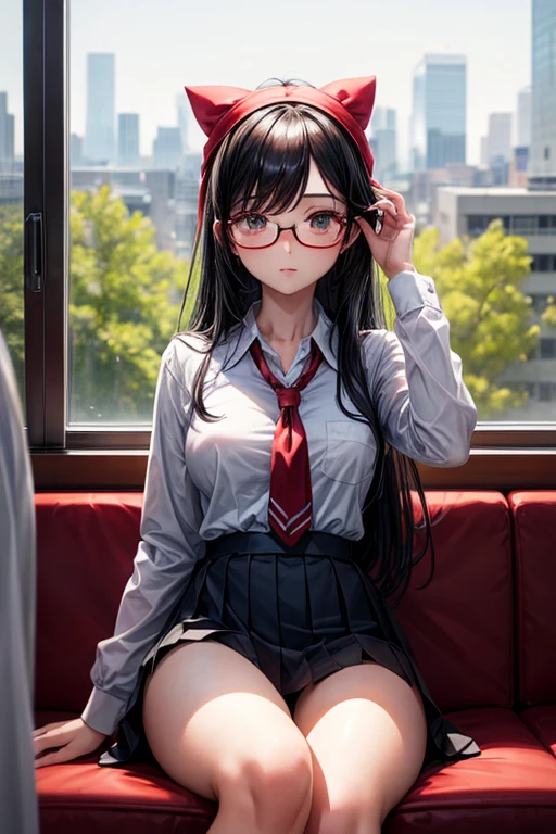 (Tabletop:1.0), (highest quality:1.4), (High resolution:1.2), From the side,Sharp contours, boyish, highest quality, masterpiece,Glasses,Voice of the Heart,20-year-old woman,yandere,Big Breasts,Chest to chest,Lying face down,Ecstasy,saliva,blush,Squint your eyes,Heterochromia iridis,Tuck up your clothes,lure,under shot,skirt lift,zettai ryouiki,open clothes