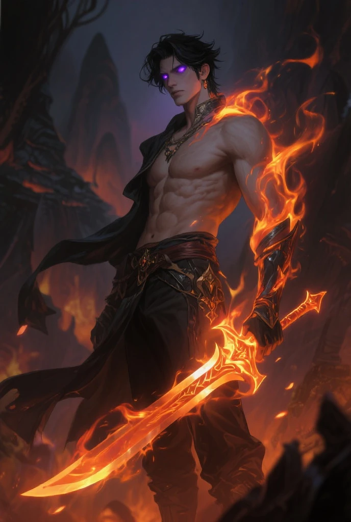 Taylor Lautner, 20 years old, short dark brown black hair, short messy hair, black eyes, djinn clothing, light silver sleeveless open vest, light silver vest with black Arabic print, light black Arabic pants, gold belt, bracelet djinn with silver gems, brown boots, phosphorescent yellow tattoos, surrounded by fire and blue smoke, hands tied with chains and feet surrounded by white chains, red magic circles on each hand on a background of Arabian ruins.