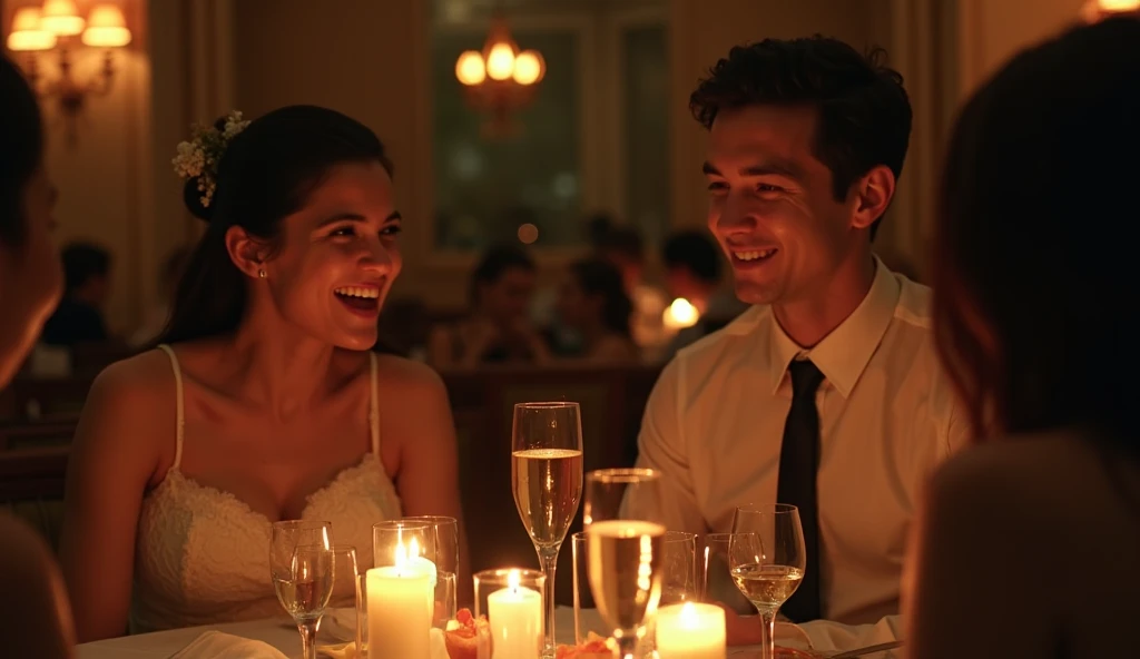 Capture the candid moments of the party, streamers, celebrating, joy，The two laughed