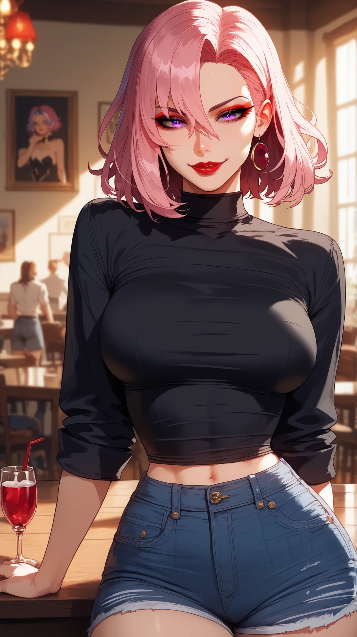 cowboy shot, ((masterpiece,best quality,edgQuality)), (smile), happy, white teeth,  1girl, solo,  eye contact, lipstick, choker, cleavage, sweater dress, bare shoulders, (holding bottle of wine), wine, ((masterpiece,best quality,edgQuality)),incoming gift, IncrsVGiftBoth, <lora:IncomingValentineGiftPOVTwoHandsV2:0.66>