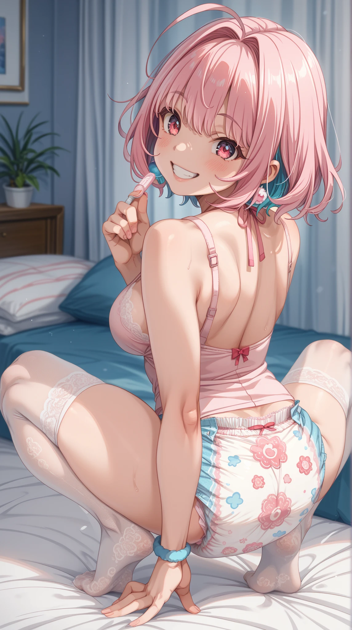 (kinako_(shiratama_mochi) style), serina_\(blue_archive\), nsfw, masterpiece, 1 girl, solo, ((topless)), intricately detailed, navel, necklace, pink hair, white pantyhose, sitting, extremely detailed, bare stomach, sweaty, beautiful face, pink eyes, medium breasts, tent, hospital bed, halo, bare shoulders, nipples, blushing, nurse hat, nurse, sweaty, arched back, slim body, feet, smiling, looking at viewer, vomit, closed mouth, wide eyes, surprised, dark room, night