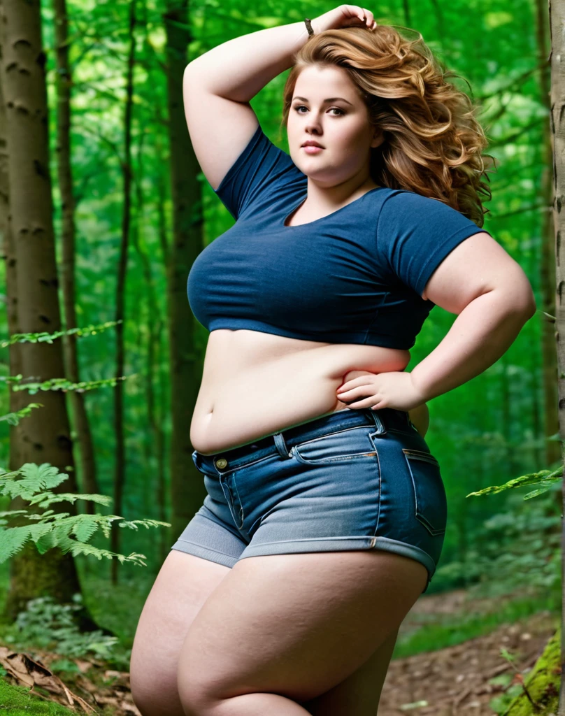 masterpiece, best quality, highres, sf1, midriff, purple skirt, crop top, purple thighhighs, bare shoulders, medium breasts, belt, cowboy shot, leaning forward, bbw, plump, large belly, large breasts, large thighs, love handles, wide hips, weight gain