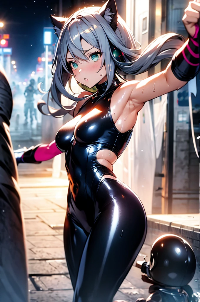 (masterpiece、Highest quality、Highest quality、Official Art、Beautiful and beautiful:1.2)、(One girl:1.3)Hatsune Miku、Twin tails,Beautiful breasts,Lisa Blackpink, (Highest quality, Ultra-high resolution, Realistic: 1.4), (Cowboy Shot:1), 1 beautiful girl, Detailed face, (Hair style gradient: blonde:0.6 Silver:0.4, Full van, Long Bob Style:1), Combat pose, Contrasting, Perfect ???????, Smooth Skin, Professional Lighting, (Wearing color：purple、black、Silver),((Wearing a futuristic police racing suit, Long skirt, Police emblem, High-tech headsets, Military Gun Corset, Racing Gloves, machine gun)), (布地の色は赤・Silver・purple・blackを基調としています), (background, Back Storage), Very long hair brown. whole body, please sit down, background street japan city, walking