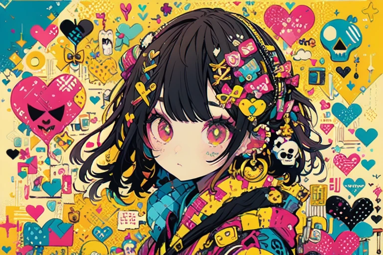 "cute, beautiful, Adorable girl wearing pink clothes, yellow, and baby blue color scheme. She is wearing a costume with a SKULL motif inspired by a female pirate.。.。.... her costume is fluffy and soft, Comes with decorative accessories such as hair clips. Embodying the vibrant and modern Harajuku fashion style。."