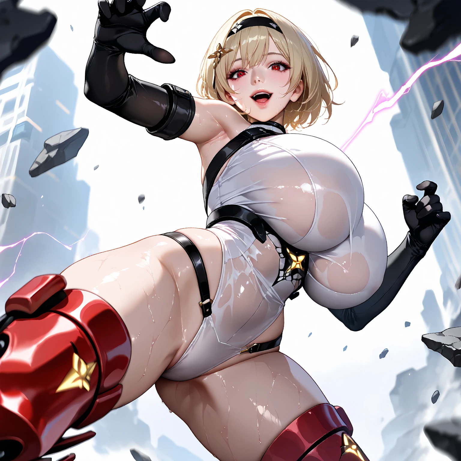 A photo of a giant woman in a white bikini and knee-high boots smashing a building, Giant art, Near-nude skin exposure, Giant, Bikini that penetrates the genitals, Giant shot, highly detailed Giant shot, Cityscape, Thighs wet with sweat, Thighs exposed, Genitals are visible, blue sky