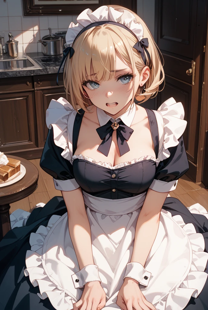 (Masterpiece: 1. 2), (Top quality: 1. 2), Perfect eyes, Perfect face, Perfect lighting, Mountain horizon, Beautiful girl like boy, Blonde hair, Upper body, Cleavage, Red eyes, Braids, Side ponytail, Bangs, Bobbed hair, Ahoy hair, Cute eyes, Great bust, (From bottom), Raw description, Orgasm, Scary, Erotic Bitch Virgin, Angry, Sideways, Bewitching, Gothic Maid, Sitting, Arms Crossed, (from above: 1. 3),.